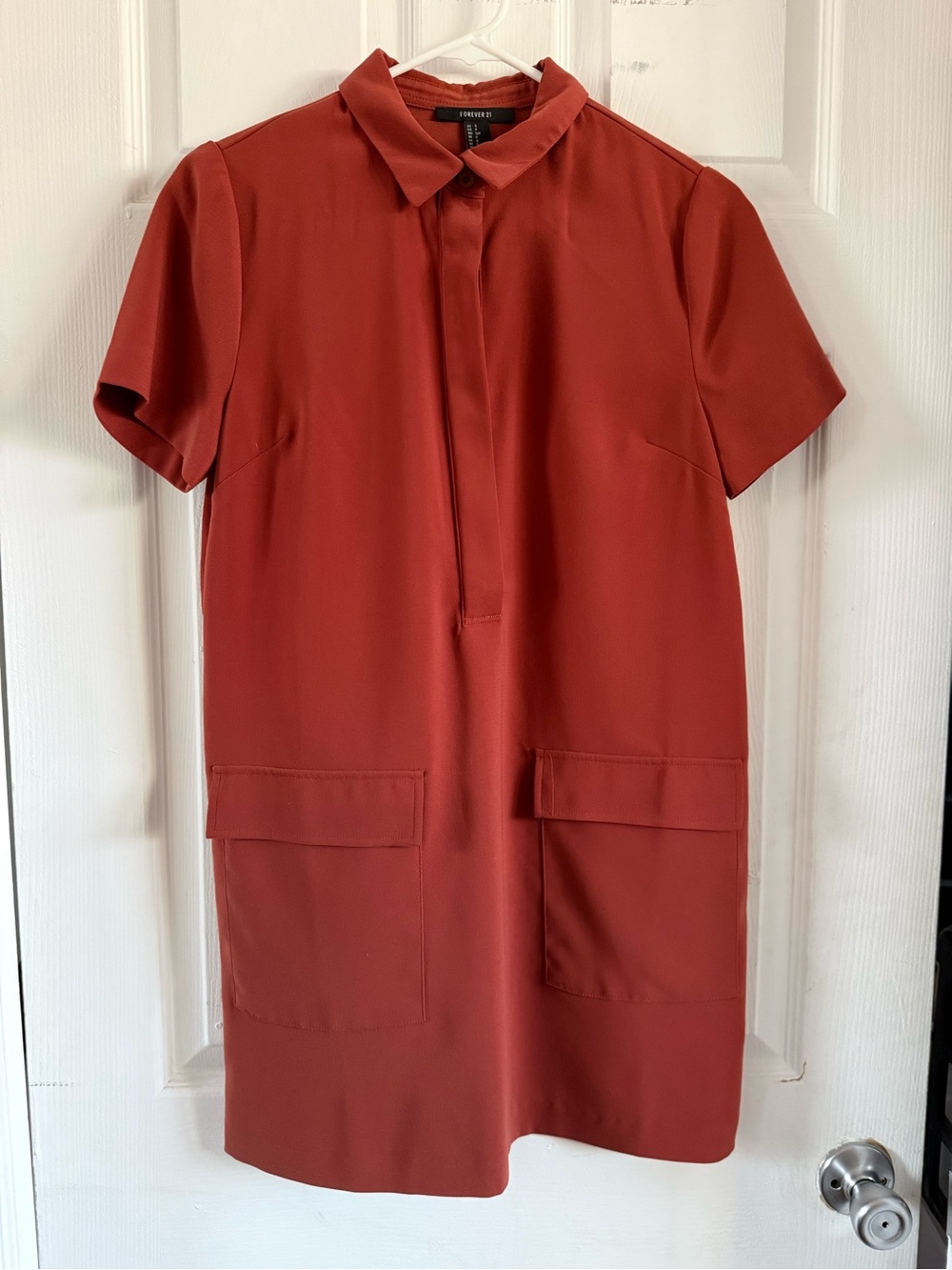 Forever 21 Rust Red Collared Shift Dress with Front Patch Pockets